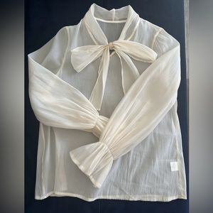 Korean Style See Through Blouse, Balloon Sleeve With Bow In Front, One Size